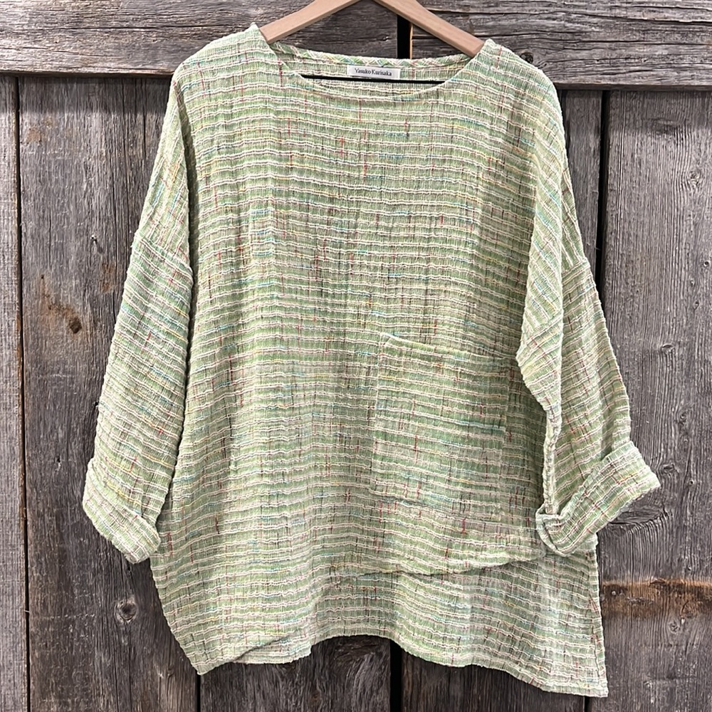 Yasuko Kurisaka Amy Cotton Woven Artisan Knit Pullover Asymmetric Tunic Top